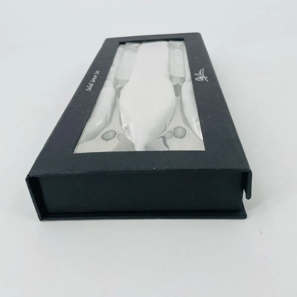 Oleg Cassini Stainless Salad Server Set Crystal Square Handles Satin Lined Box